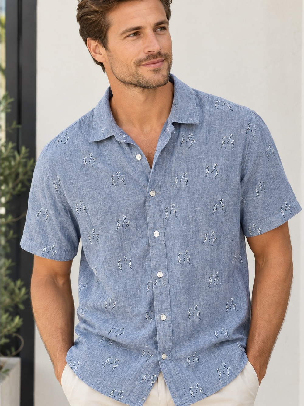 Banana Republic Light Blue Embroidered Camp-Collar Button-Down Shirt